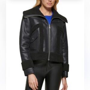 DKNY Black Faux Leather Fleece Lined Zip Up Jacket